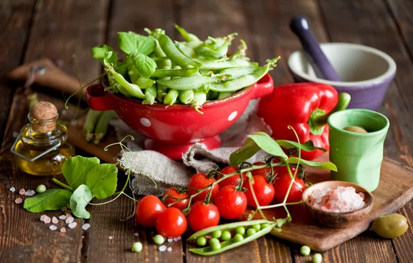 Oil, peas, dishes, pepper, vegetables, tomatoes, olives, cherry