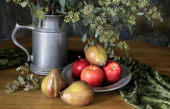 Plate, flowers, fruit, Still life, silver vase