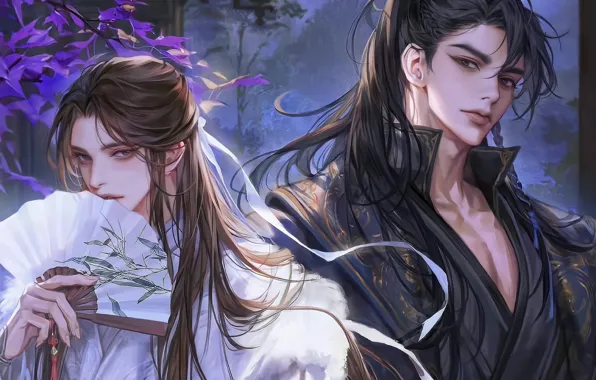 Look, collar, long hair, two guys, white ribbon, the fan in her hand, Shizun, The …