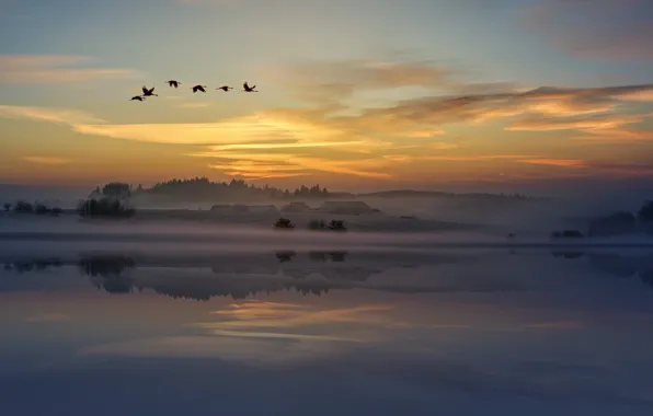 Sunset, The sky, Water, Clouds, Home, Reflection, Sunrise, Fog