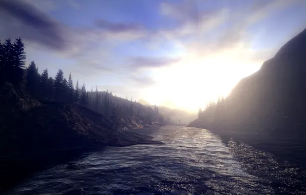 Picture forest, the sky, water, the sun, mountains, alan wake, Alan Wake, lake Caldron