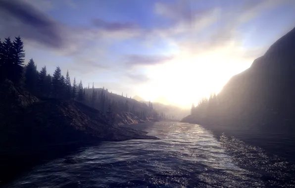 Forest, the sky, water, the sun, mountains, alan wake, Alan Wake, lake Caldron