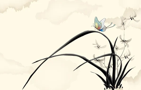 Picture grass, leaves, flowers, the wind, butterfly, art, watercolor