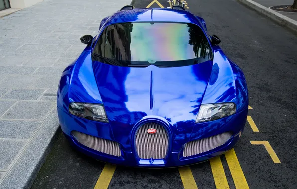 Blue, Bugatti, Parking, Veyron, Bugatti, chrome, Blue, the front