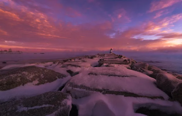 Ice, rock, coast, sunset, winter, fog, lighthouse