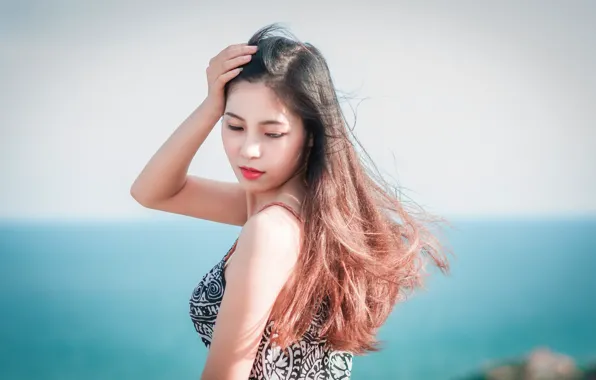 Picture sea, girl, coast, hair, dress, Asian