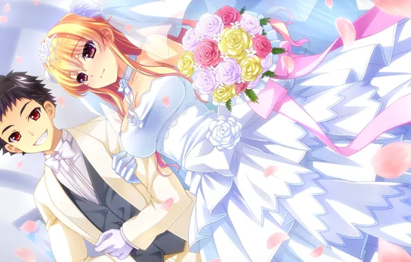 Girl, Guy, wedding, Romance, baka moe heart ni ai wo komete!