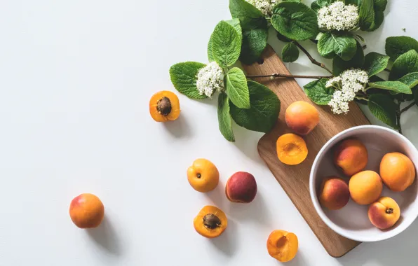 Flowers, plate, fruit, apricots, cutting Board