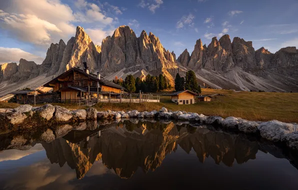 Field, clouds, light, mountains, lake, reflection, stones, rocks