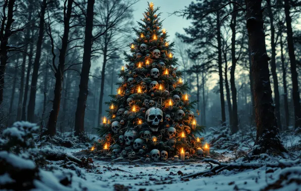 Winter, forest, snow, trees, night, lights, skull, candles