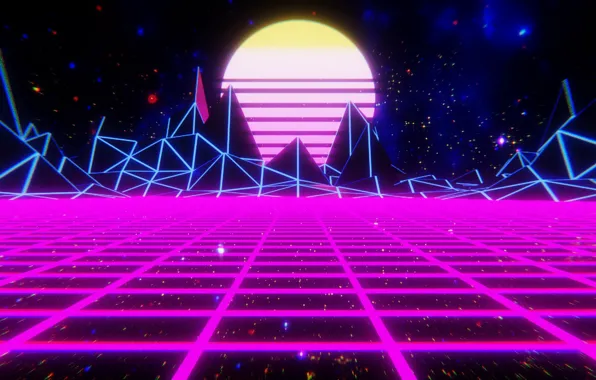 The sun, Mountains, Music, Space, Star, Background, 80s, Neon