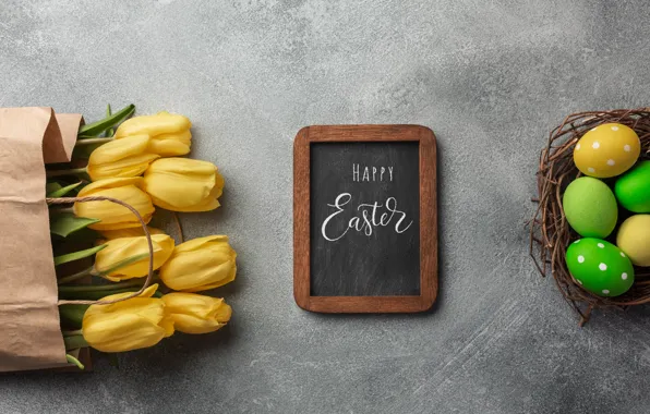 Flowers, yellow, eggs, bouquet, colorful, Easter, tulips, yellow