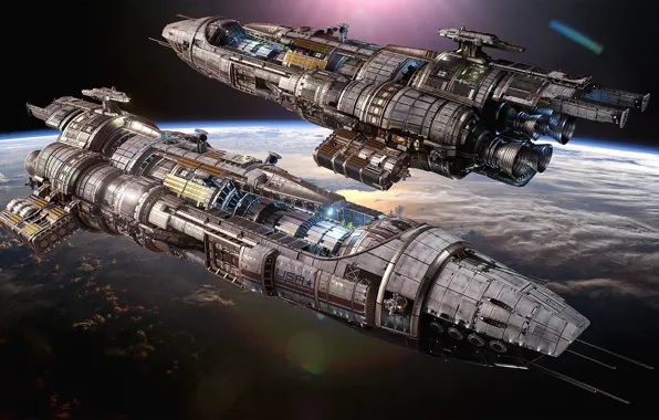 Space, planet, ships, Fractured Space, USR Black Widow