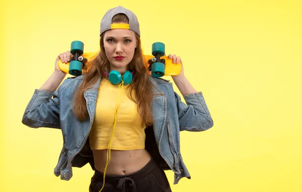 Woman, young, modern, yellow shirt, black trousers