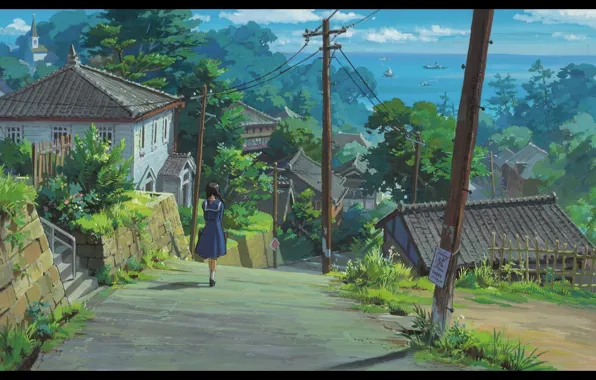 Road, roof, sea, summer, trees, posts, wire, home