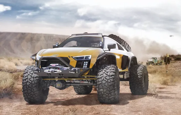 Girl, Audi, Audi, desert, figure, girl, Audi R8, cars