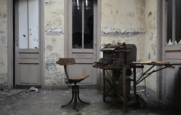 Door, chair, abandoned bureau