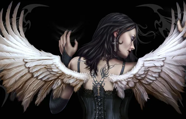 Girl, wings, cross, tattoo, corset, black background