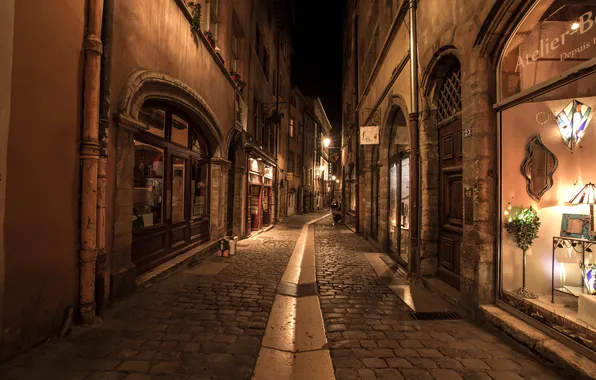 Night, lights, street, France, home, lane, Lyon, showcase
