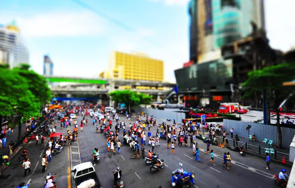 Machine, the city, people, street, building, home, Asia, tilt-shift