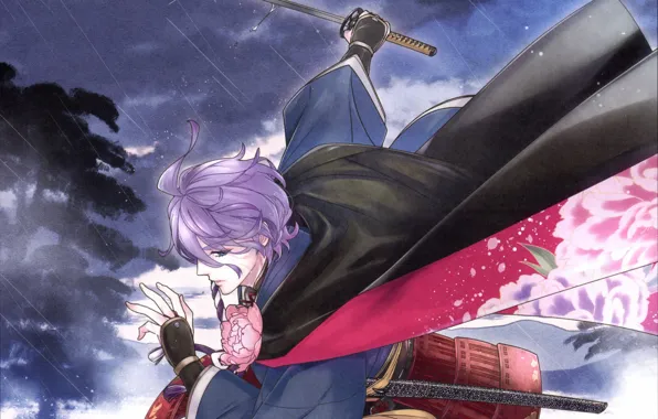 Katana, cloak, the shower, Japanese clothing, lilac hair, Touken Ranbu, Kanesa Bowl, Dance Of Swords