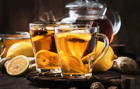 Glass, comfort, heat, lemon, tea, Board, kettle, glasses