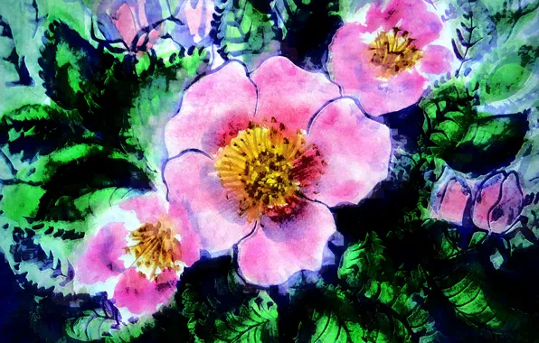 Picture leaves, flowers, green, figure, pink, bright