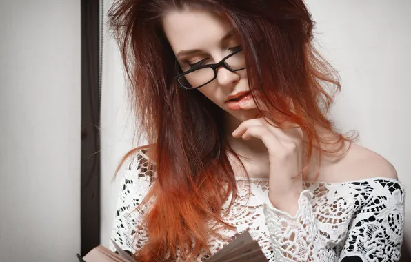 Girl, pose, model, hand, portrait, makeup, dress, glasses