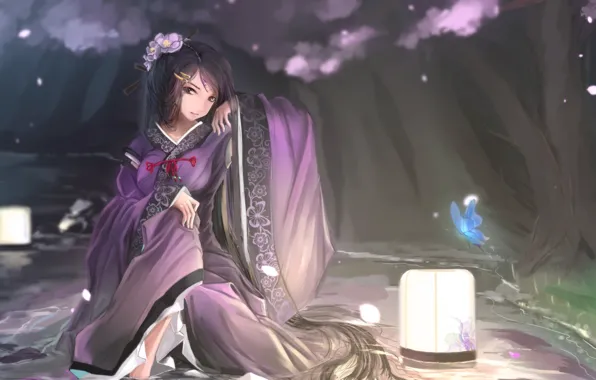 Picture girl, night, yukata