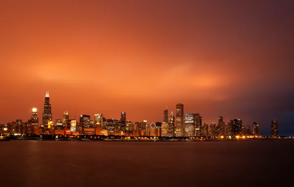 Picture the sky, sunset, skyscrapers, the evening, Chicago, USA, Chicago, megapolis