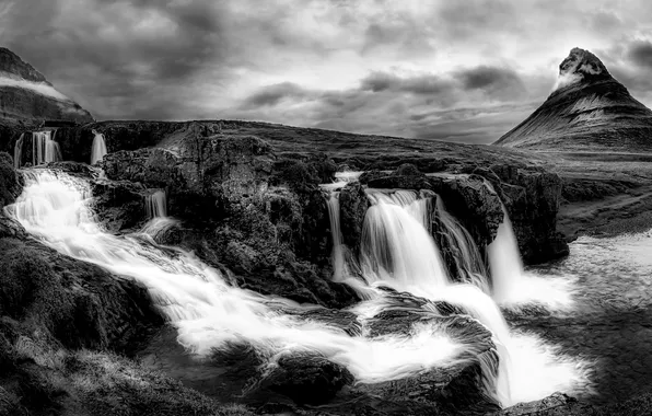 Mountains, clouds, rocks, waterfalls, monochrome, Iceland, black and white photo