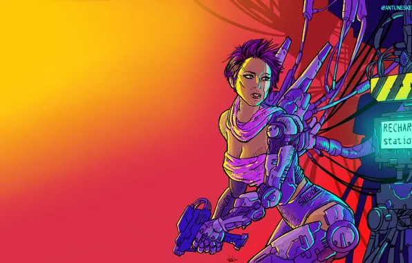 Girl, Minimalism, Robot, Style, Robot, Style, Fiction, Neon