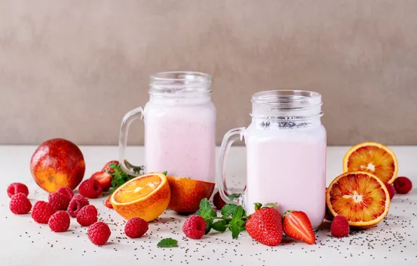 Berries, orange, strawberry, cocktail, drink, milk, Roman Dbree