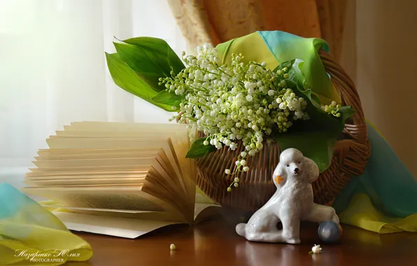 Table, basket, dog, bouquet, spring, book, figurine, still life