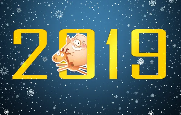 Minimalism, Pig, Snow, Christmas, Deer, Snowflakes, Background, New year