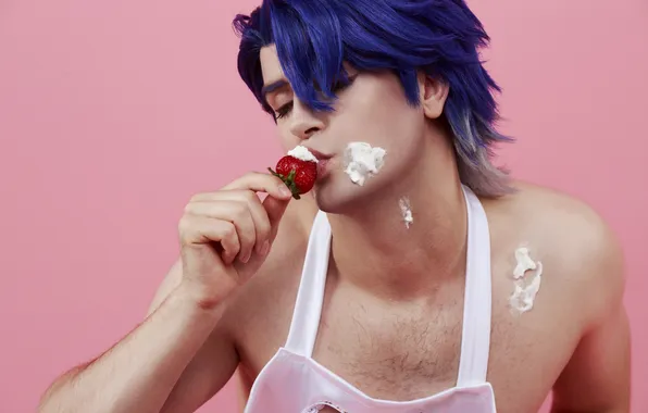 Strawberry, guy, cream, blue hair, cosplay, apron, cosplay, Genshin Impact