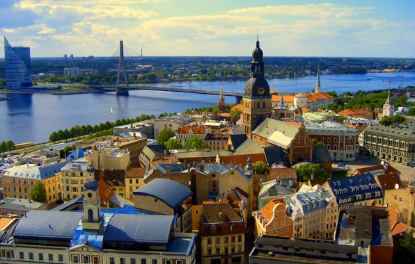 The sky, bridge, river, home, panorama, Riga, Latvia