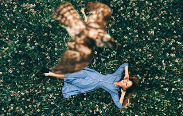 Grass, girl, bird, flight, Rosie Hardy