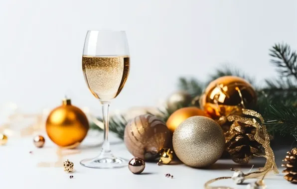 Balls, branches, wine, Shine, glass, Christmas, white background, New year