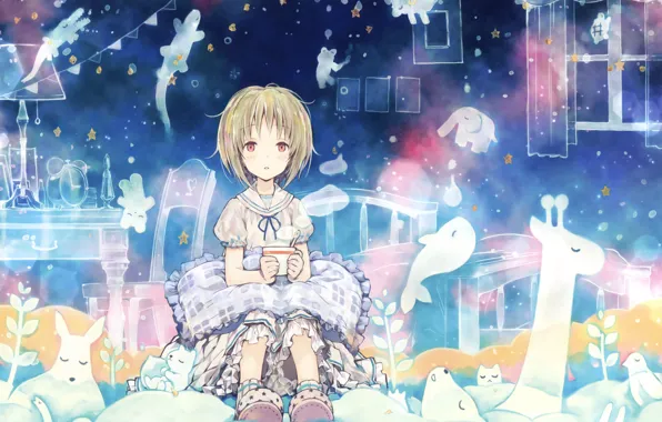 Girl, Animals, Cup, Sleep
