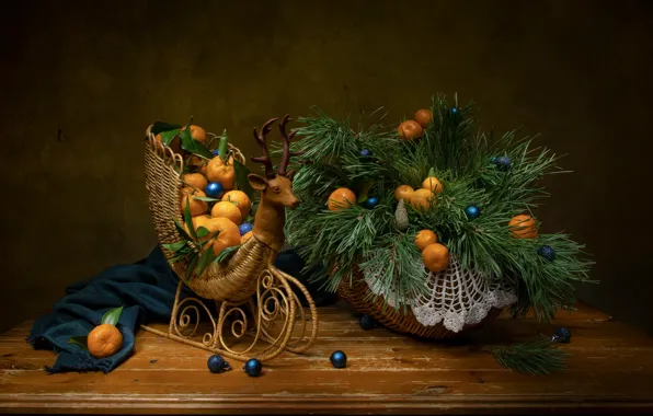 Balls, branches, holiday, basket, new year, fabric, still life, pine