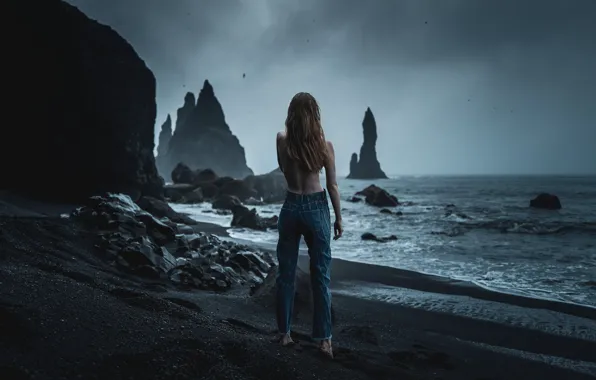 Picture girl, rocks, shore, Iceland, black sand, All Is Violent, Camille Marotte, All Is Bright
