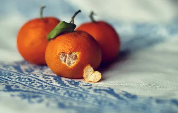Macro, orange, heart, tablecloth, peel, Mandarin