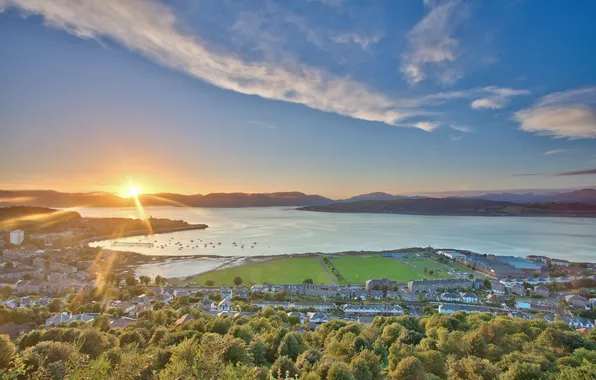 Picture the sun, the city, sunrise, boats, Bay, Shotlandiya, The Firth of Clyde, Inverclyde