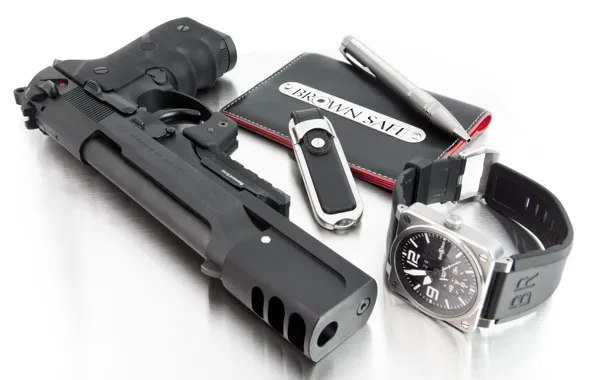 Watch, handle, keychain, 9mm, Beretta, wallet, muzzle brake compensator