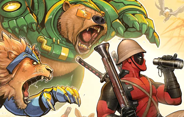 Red, animals, Leo, bear, binoculars, the gun, Deadpool, Deadpool