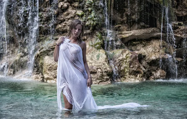 Chest, girl, naked, waterfall, wet, Elido Turco