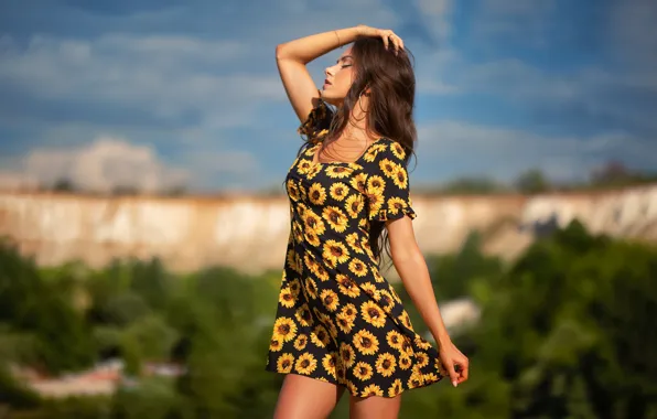 Girl, sunflowers, pose, dress, bokeh, closed eyes, Dmitry Shulgin