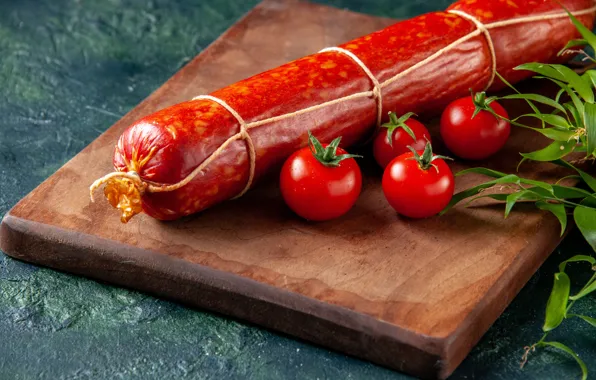 Greens, meat, red, tomatoes, tomatoes, sausage, cherry, cutting Board