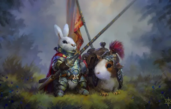Rabbit, Guinea pig, knight, art